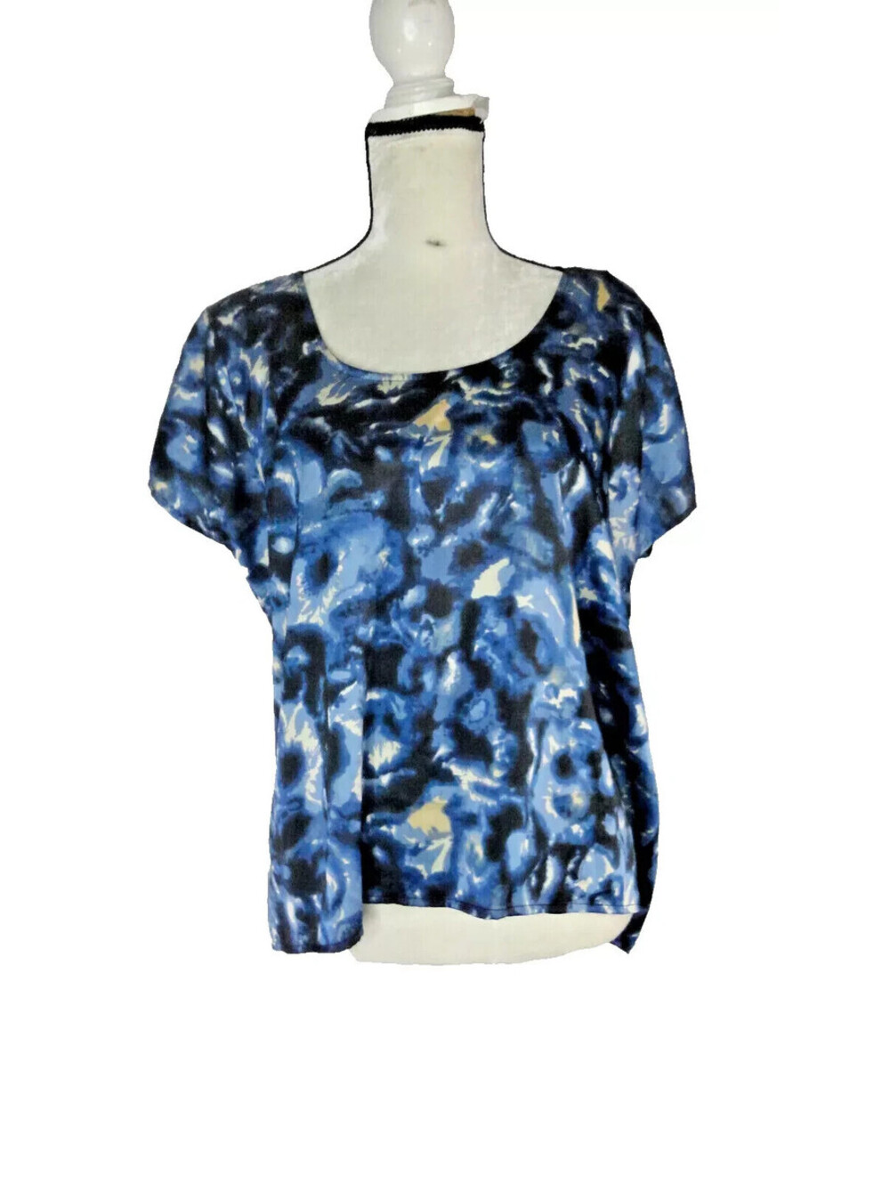 Collective Concepts Womens Silky Flowers Top Blue/black Blouse w/Lace Medium NEW